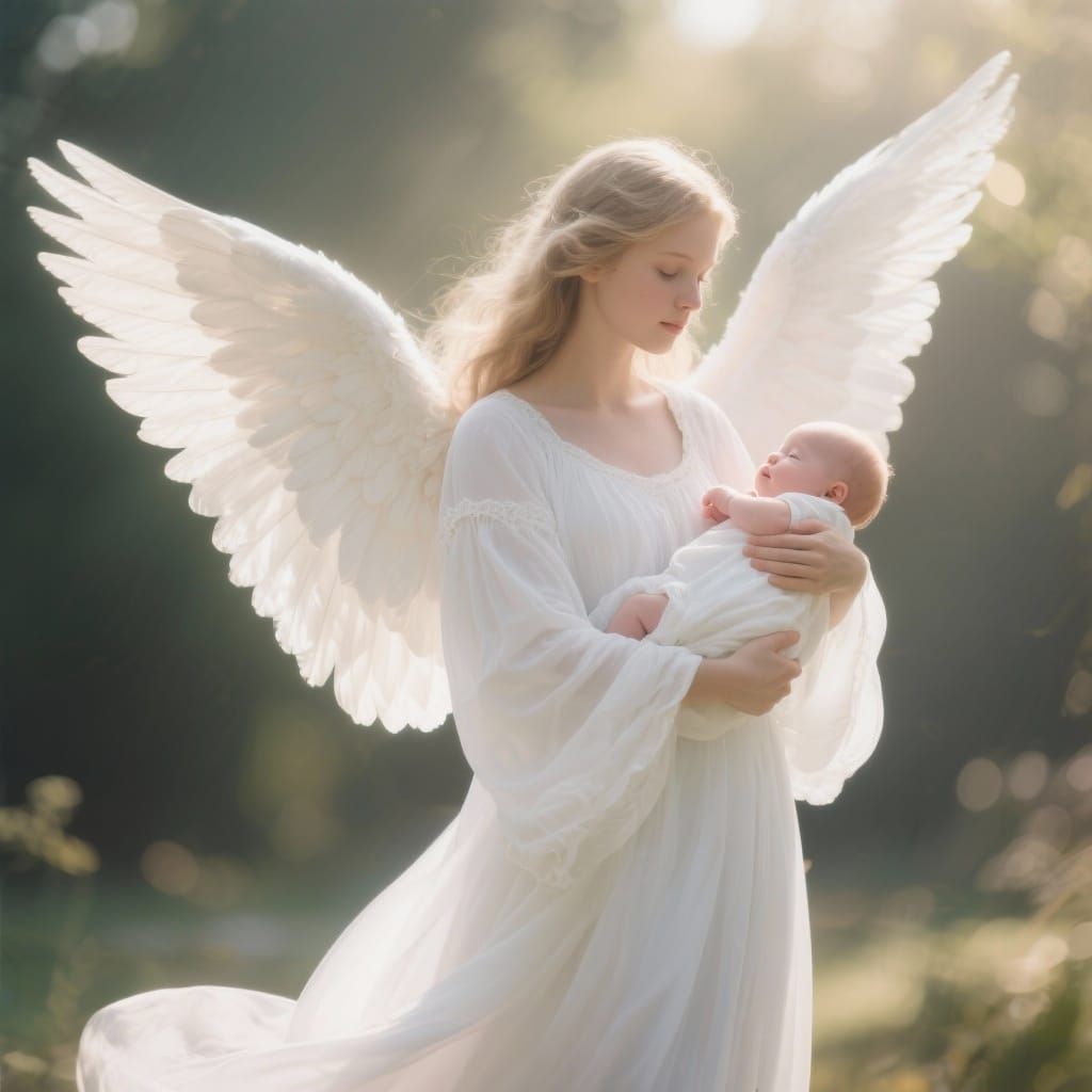 Angel Gently Carrying Baby in Soft Sunlight