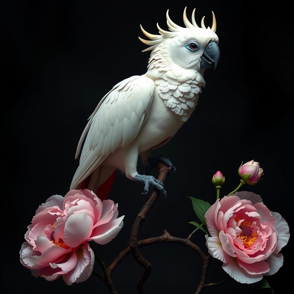 Otherworldly Alcohol Ink Vampiress Parrot with Peonies