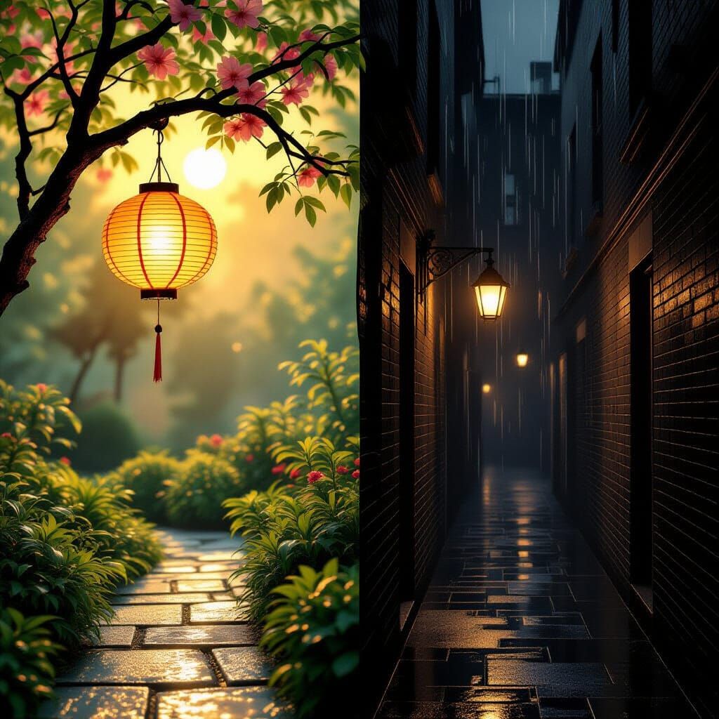Duality: Serene Garden and Dark Alley Lanterns
