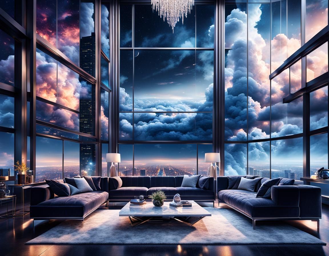 Crystal Skyscraper Living Room at Night