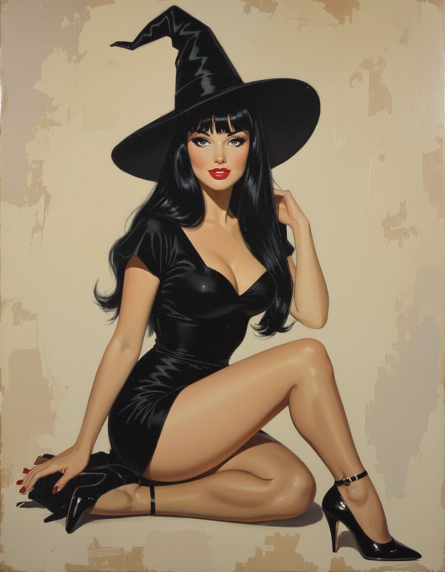 Bettie Page Witch Halloween Oil Painting