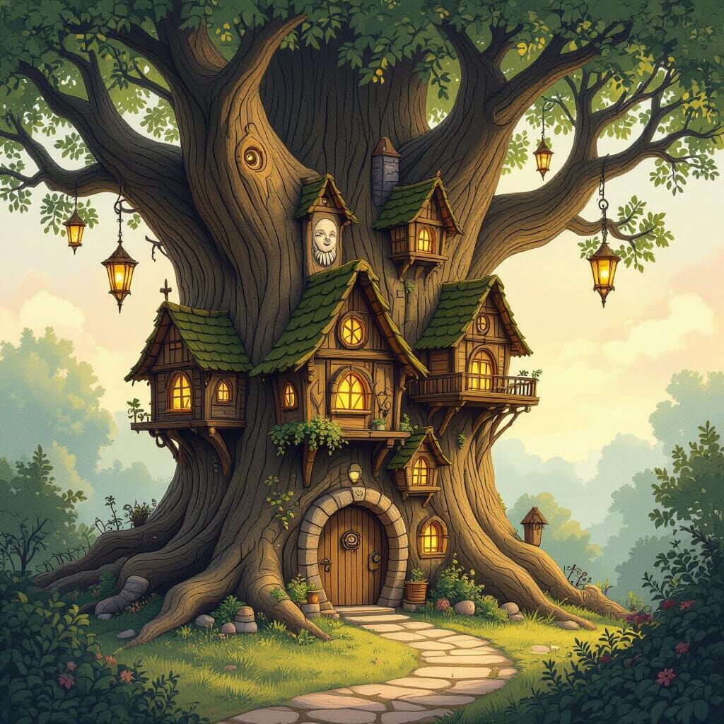 Enchanted Tree Village in Storybook Style
