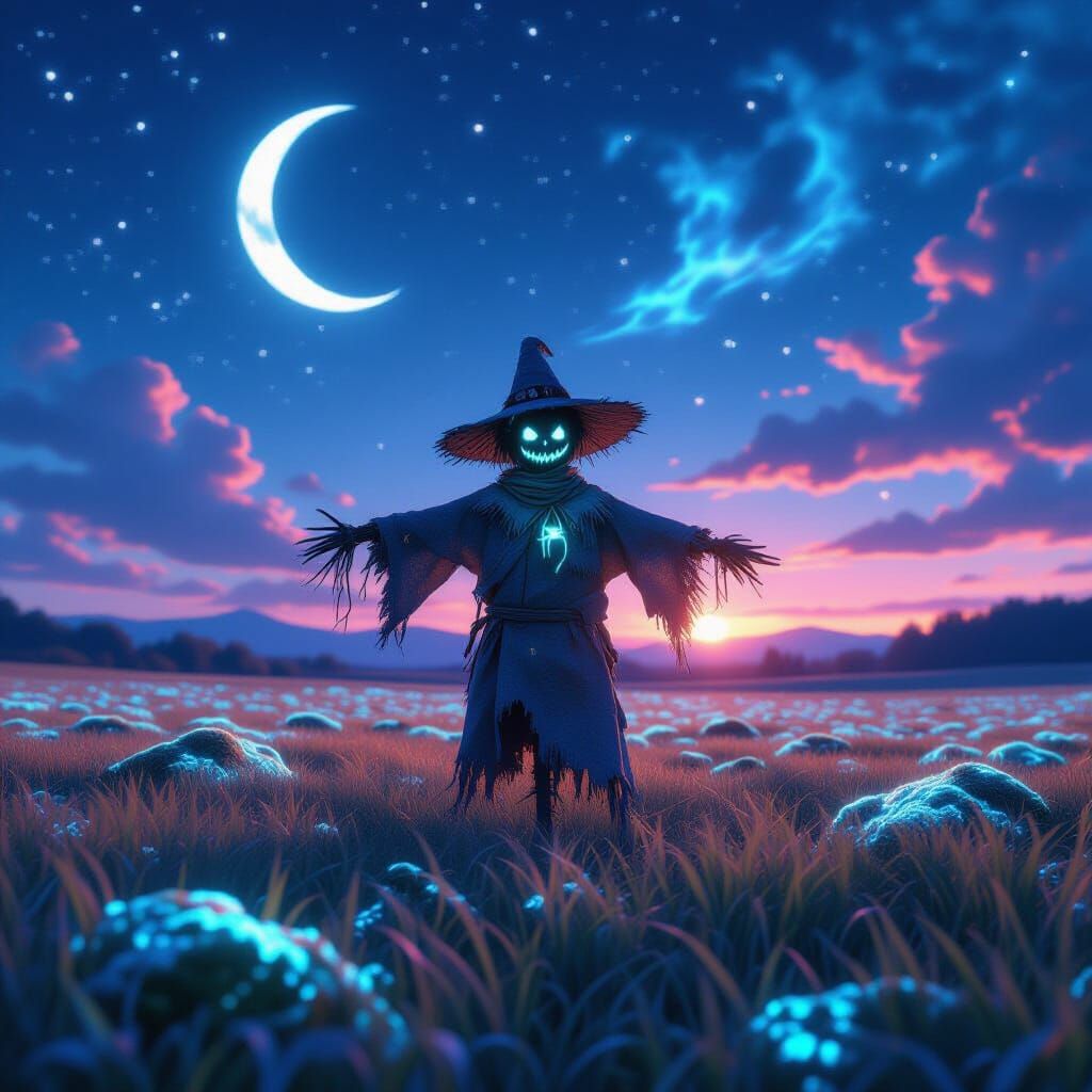 Bioluminescent Scarecrow in Nebula Field