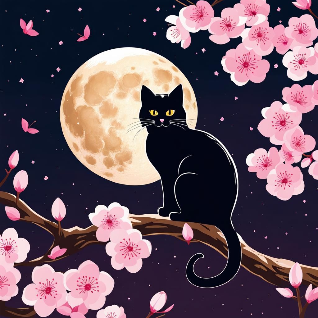 Cat on Moon in Cherry Blossom Night