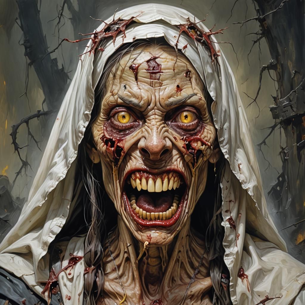 Terrifying Mutant Nun in Post-Apocalyptic Acrylic Painting