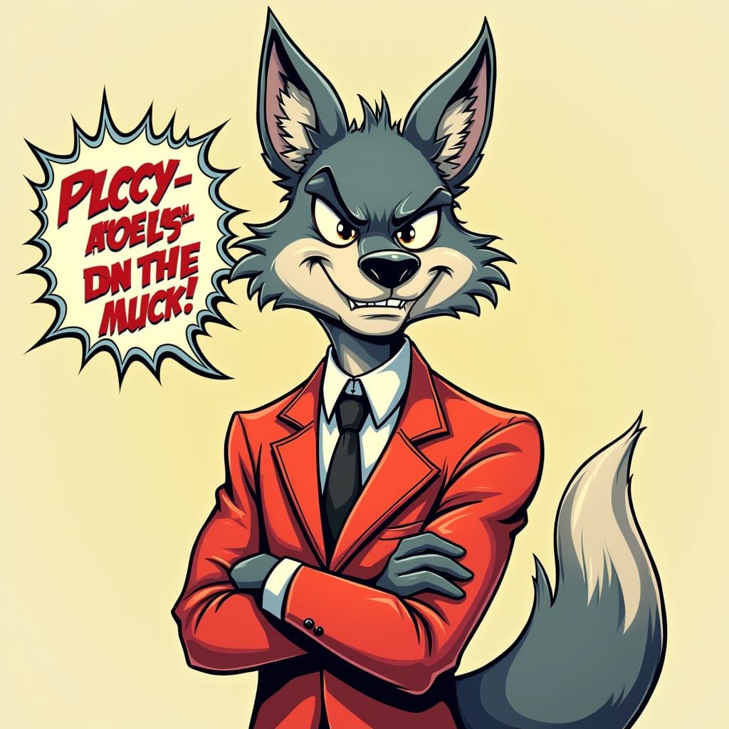 Confident Cartoon Wolf in Bright Red Suit with Speech Bubble