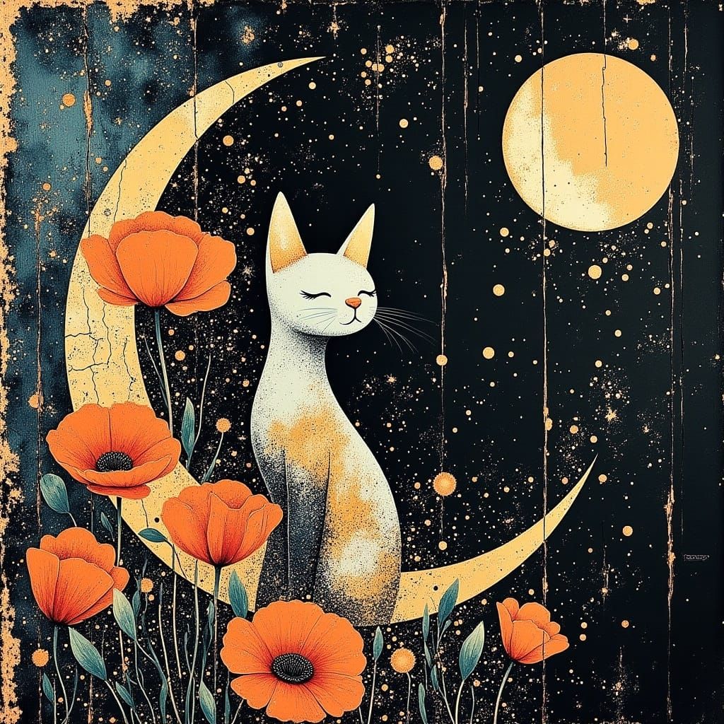 <lora:divineOil:1.0> surreal fantasy art cat moon poppy block art fractal image cracked paint with a touch of oil