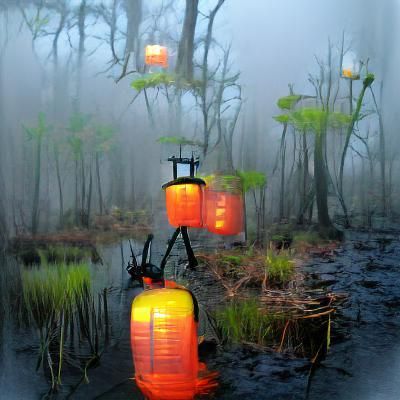 Eerie Lanterns Glow in Misty Swamp