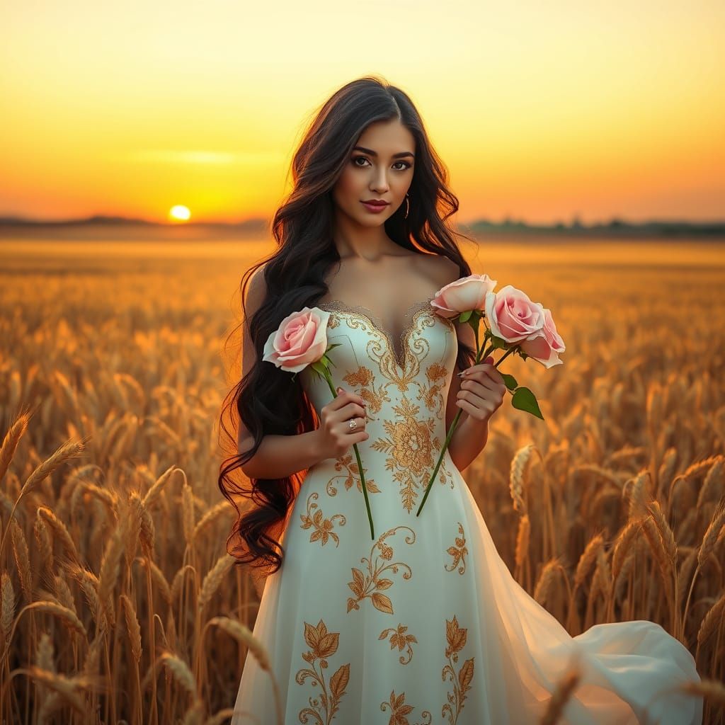 Woman in Wheat Field: Art Nouveau Style