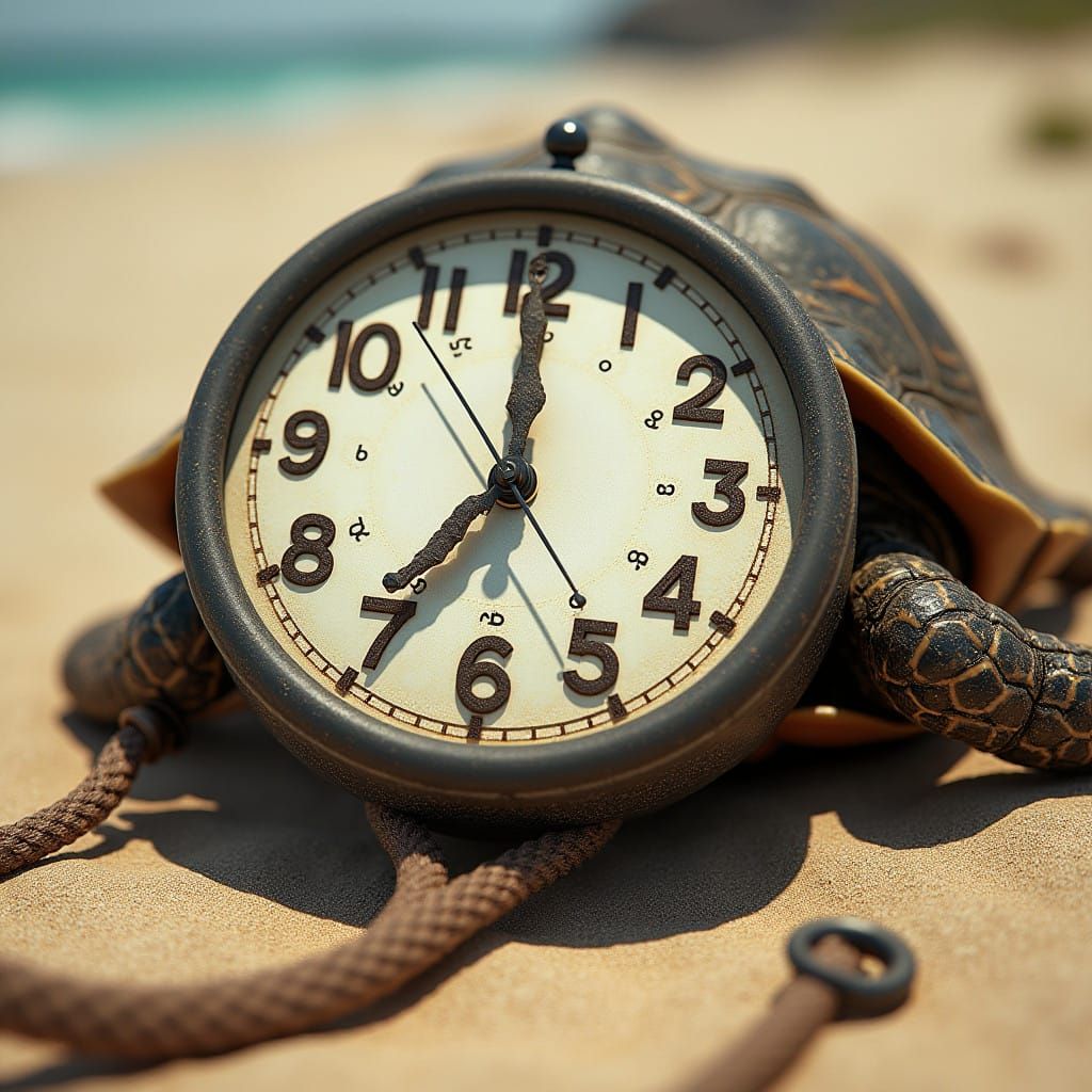 Timeless Turtle in Sand, a Surreal Clockwork Landscape