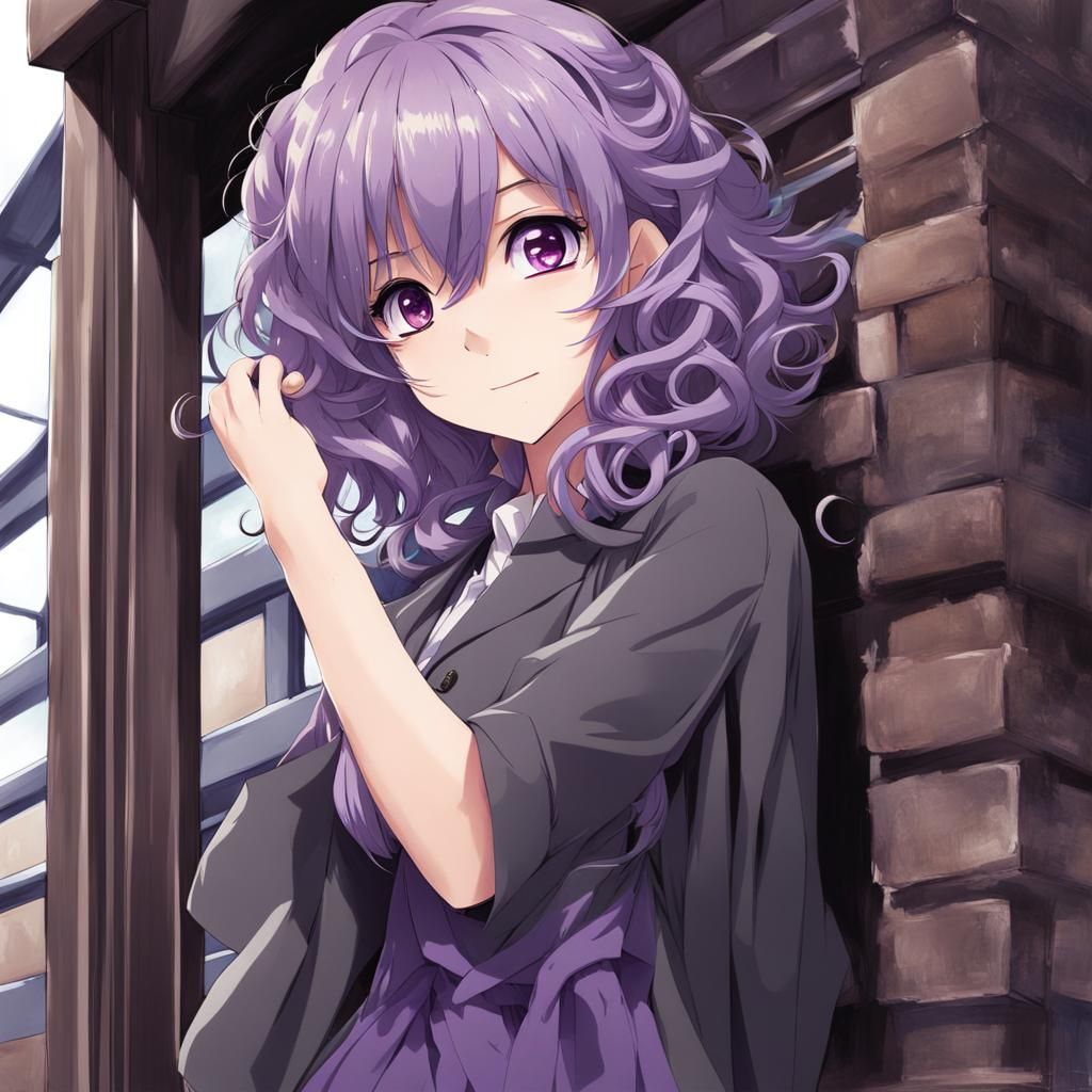 Anime Girl with Purple Hair and Grey Eyes