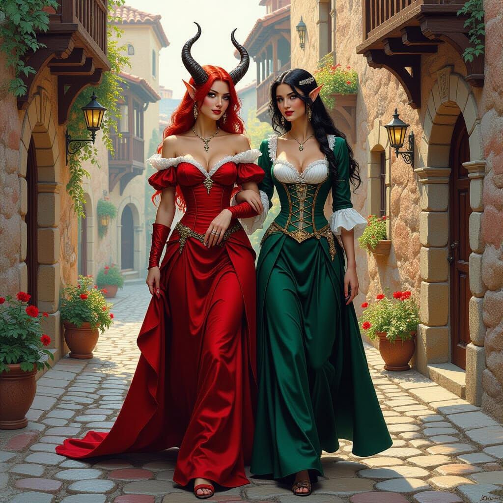 Tiefling and Elf Promenade in Baroque Style