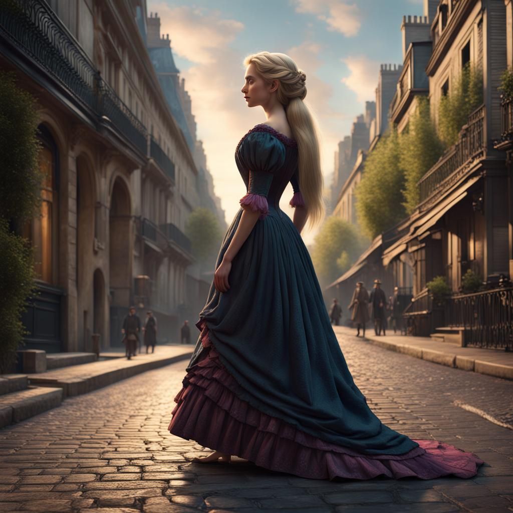 Rapunzel in Victorian Dress, Paris, Detailed Matte Painting