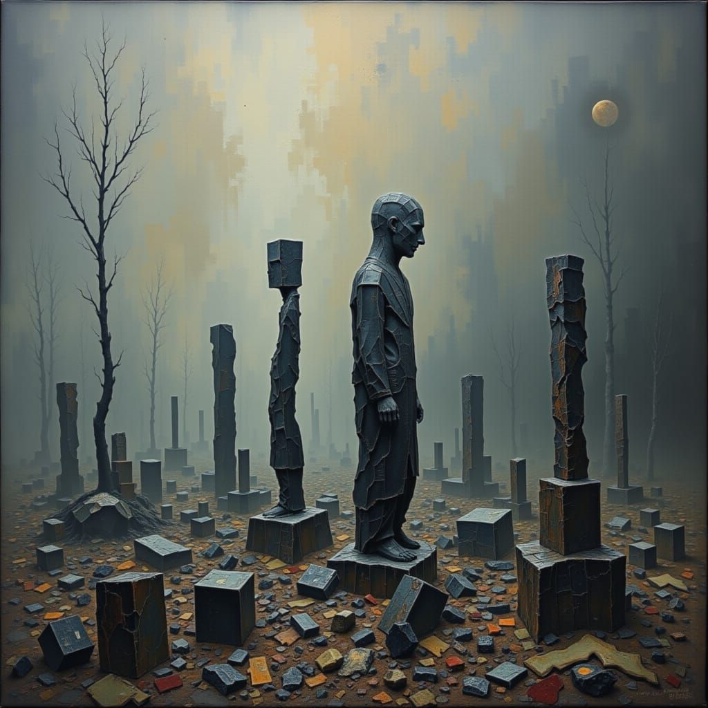 Decaying Dreamscape with Melted Statues