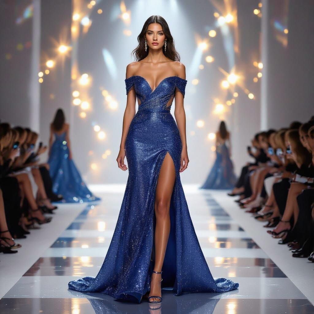 Elegant Woman in Sparkling Blue One-Shoulder Gown