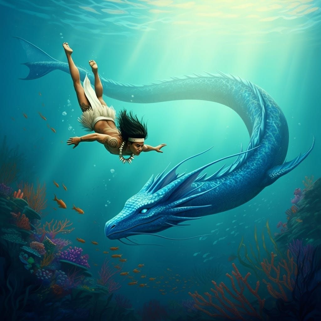 Surreal Pacific Warrior and Dragon in Dreamlike Lagoon