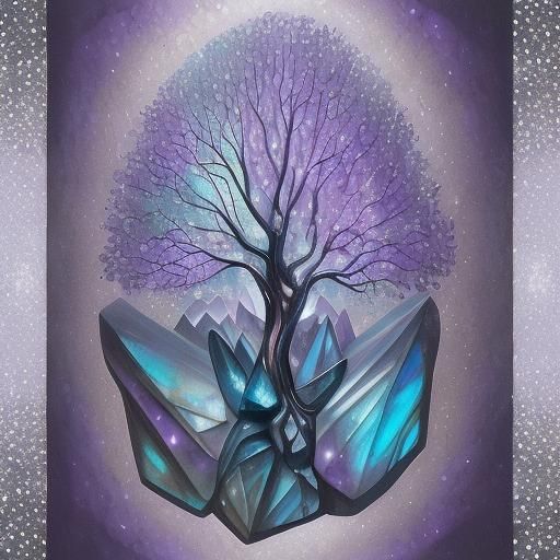 Surreal Trees with Crystals: Abstract Oil Painting