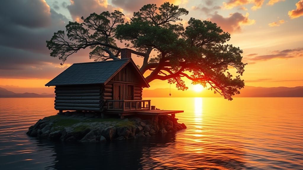 Log Cabin on a Small Island