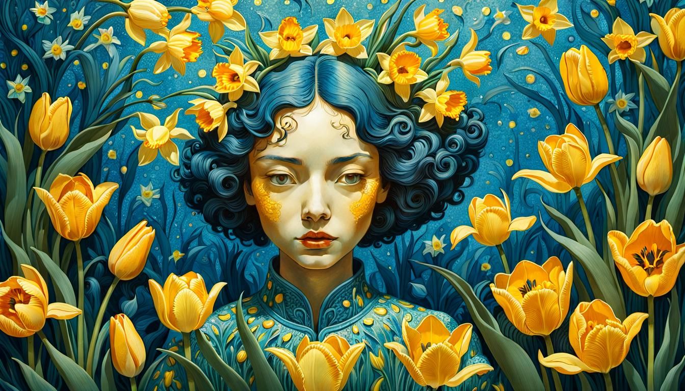 Cyanotype Garden with Yellow Tulips, Art Nouveau Style