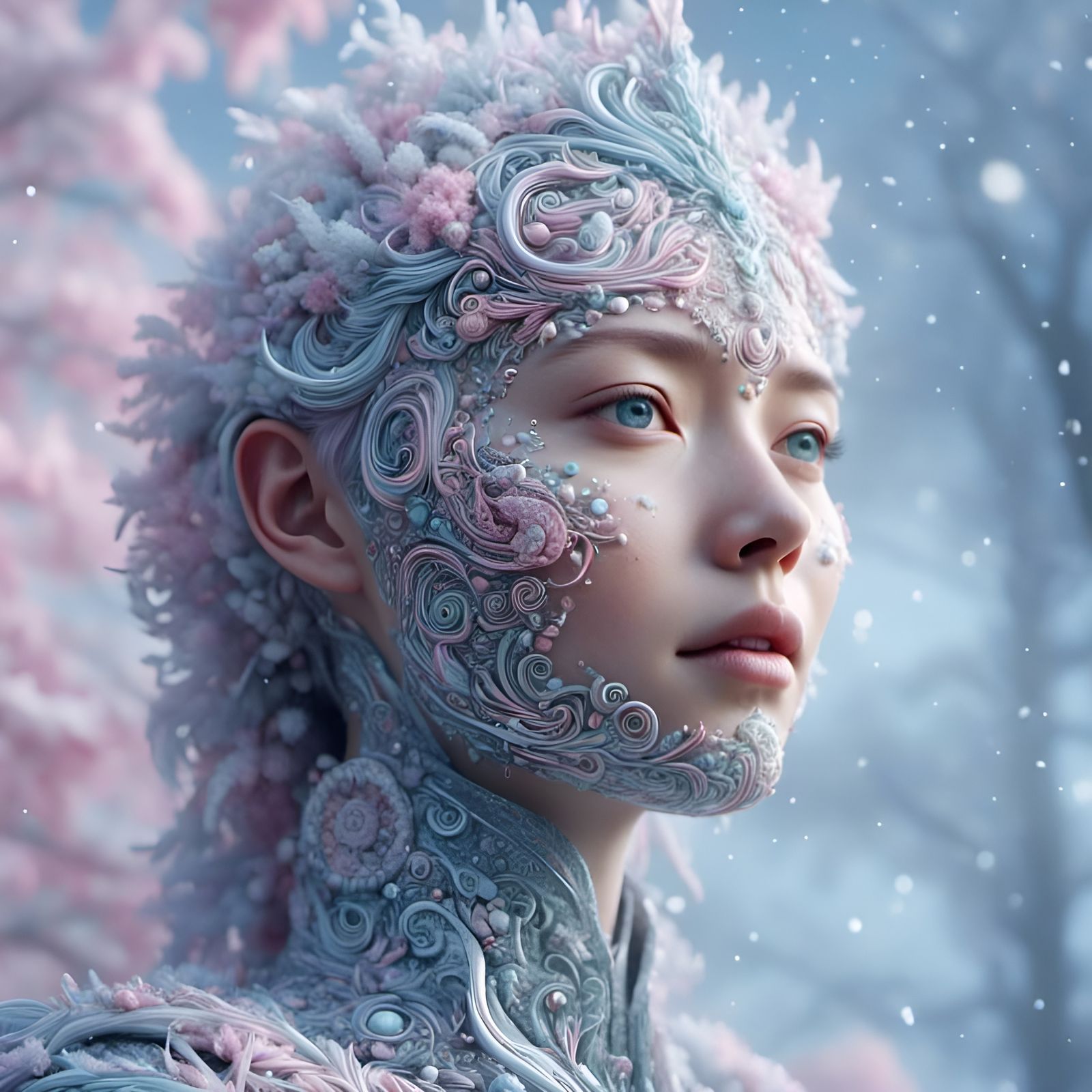 Snowy Portrait with Pastel Pearlescent Filigree