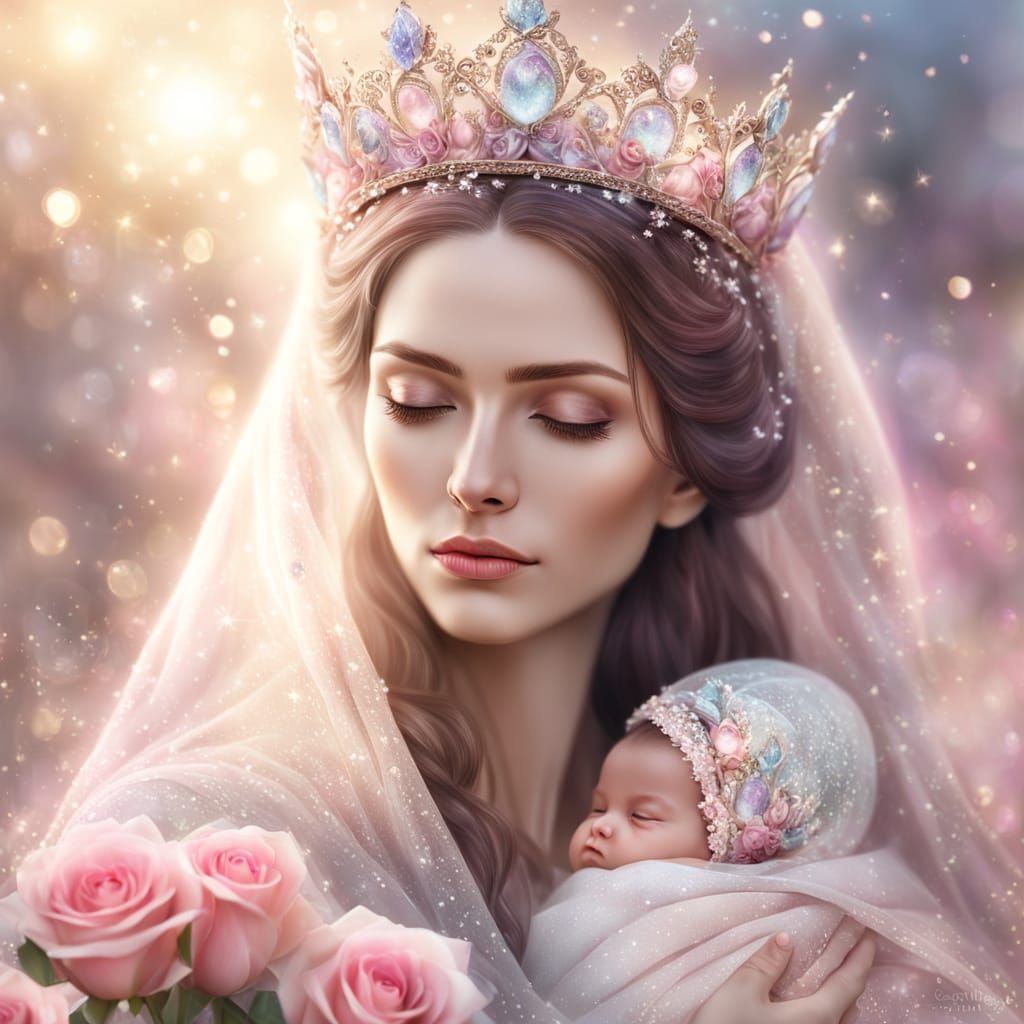 Mother and Child Portrait in Shimmering Digital Art