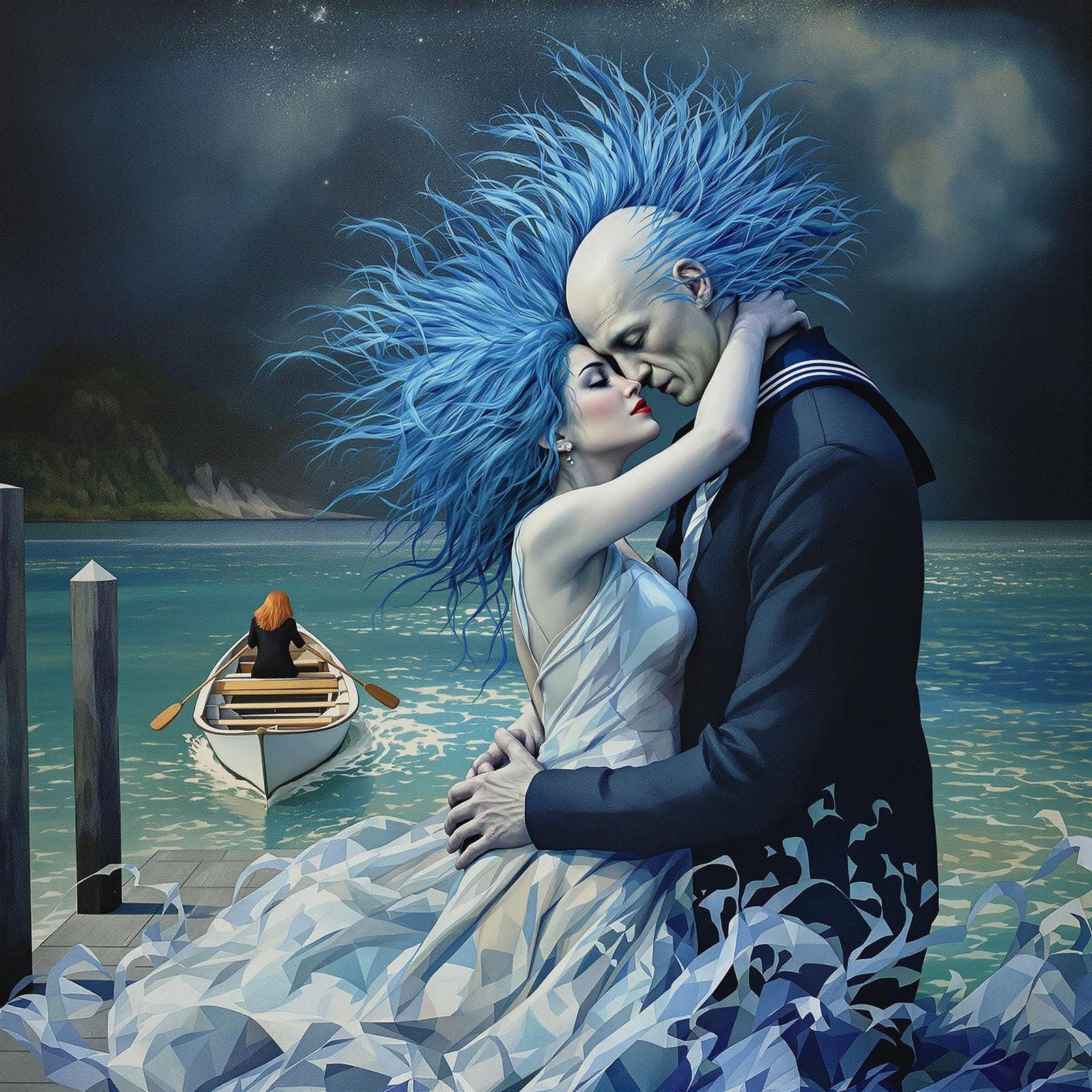 Sinister Embrace in Surreal Dreamscape, as Gouache Painting