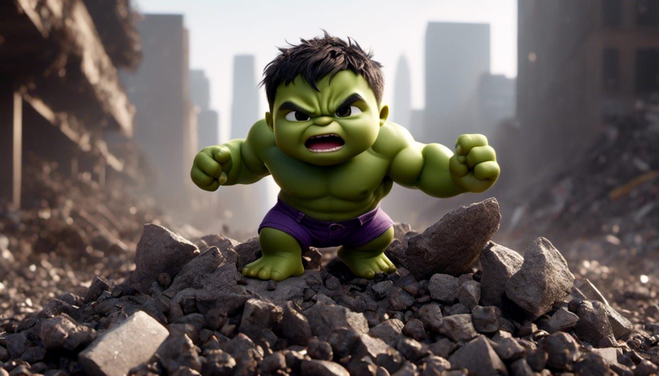 <lora:Kyoot:1.0> Baby Hulk having a tantrum, standing atop a...