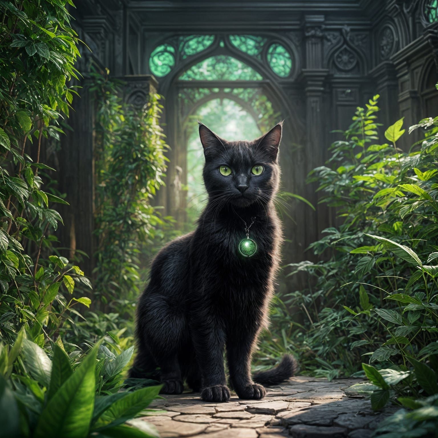 Green-Eyed Black Cat in Detailed Fantasy Art