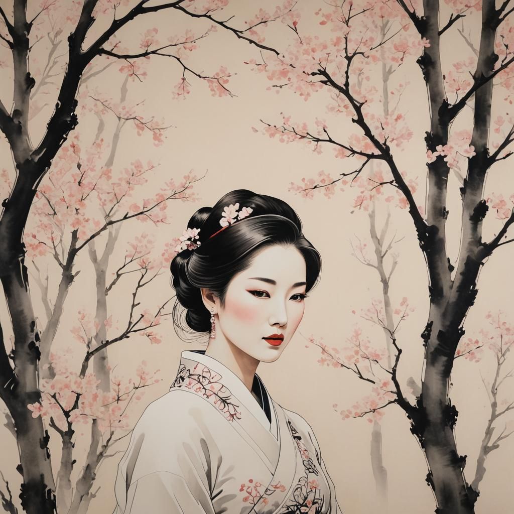 Elegant Korean Woman Portrait in René Gruau Style