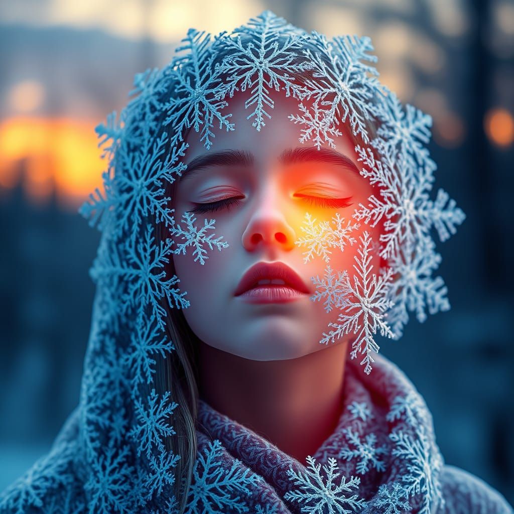 Ethereal Snowflake Girl Illuminated by Sunset Glow