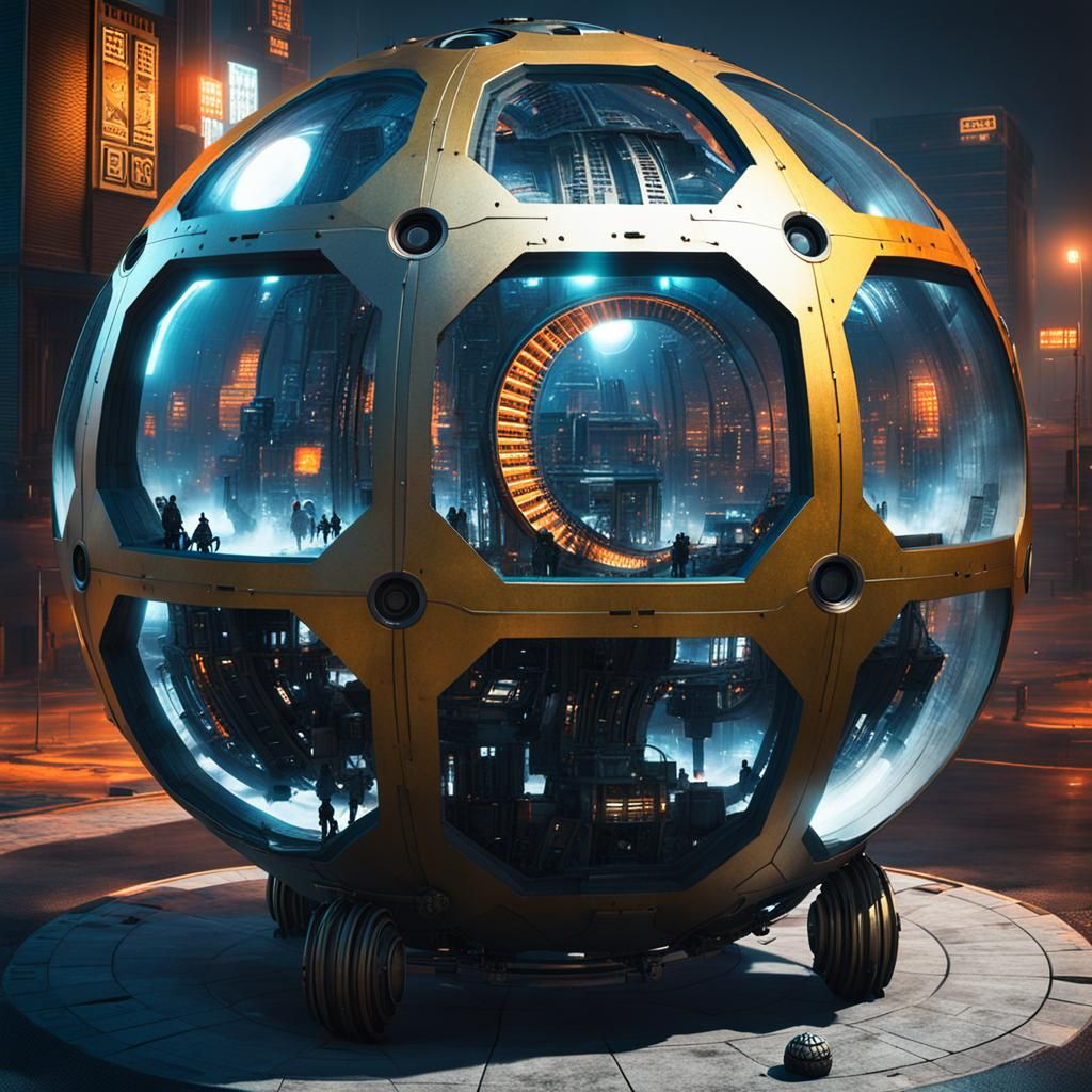 Mechanical Sphere Strolls Dystopian Cyberpunk City