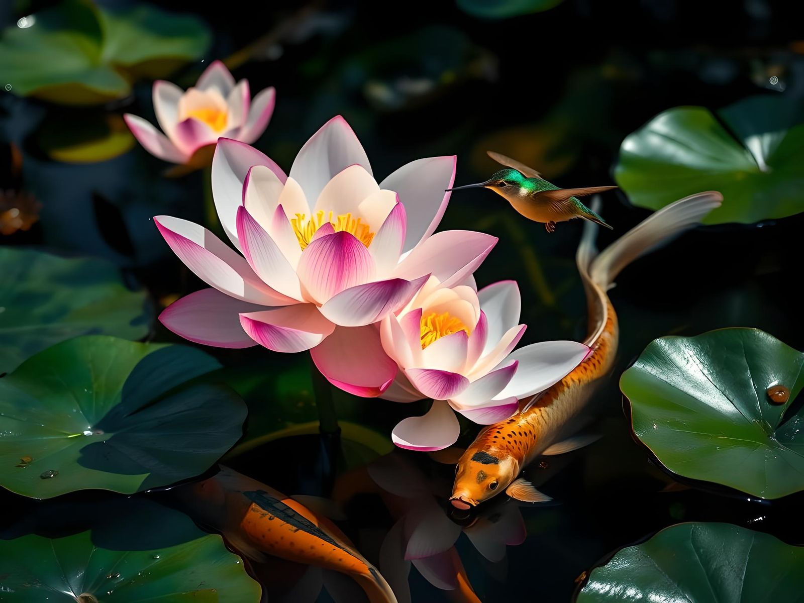 Koi Pond with Lotus Flowers and Hummingbird