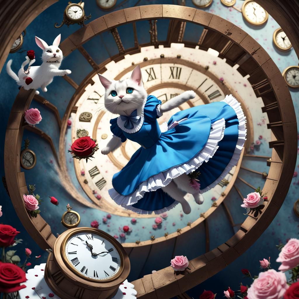 Cat as Alice in Wonderland Falling into Spiral