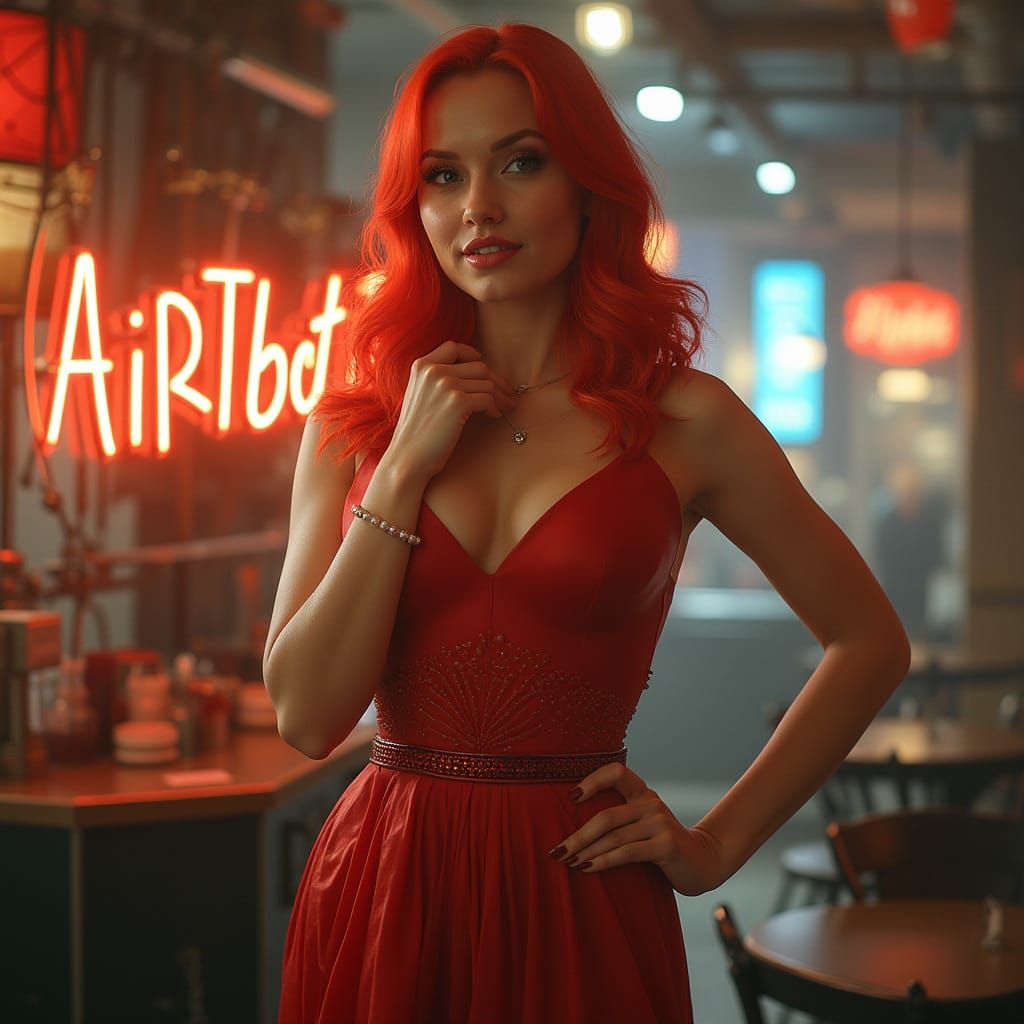 Red head beautiful female in a cocktail dress with (AiRTboT) writing motto. 
Double exposure HD realistic realism.