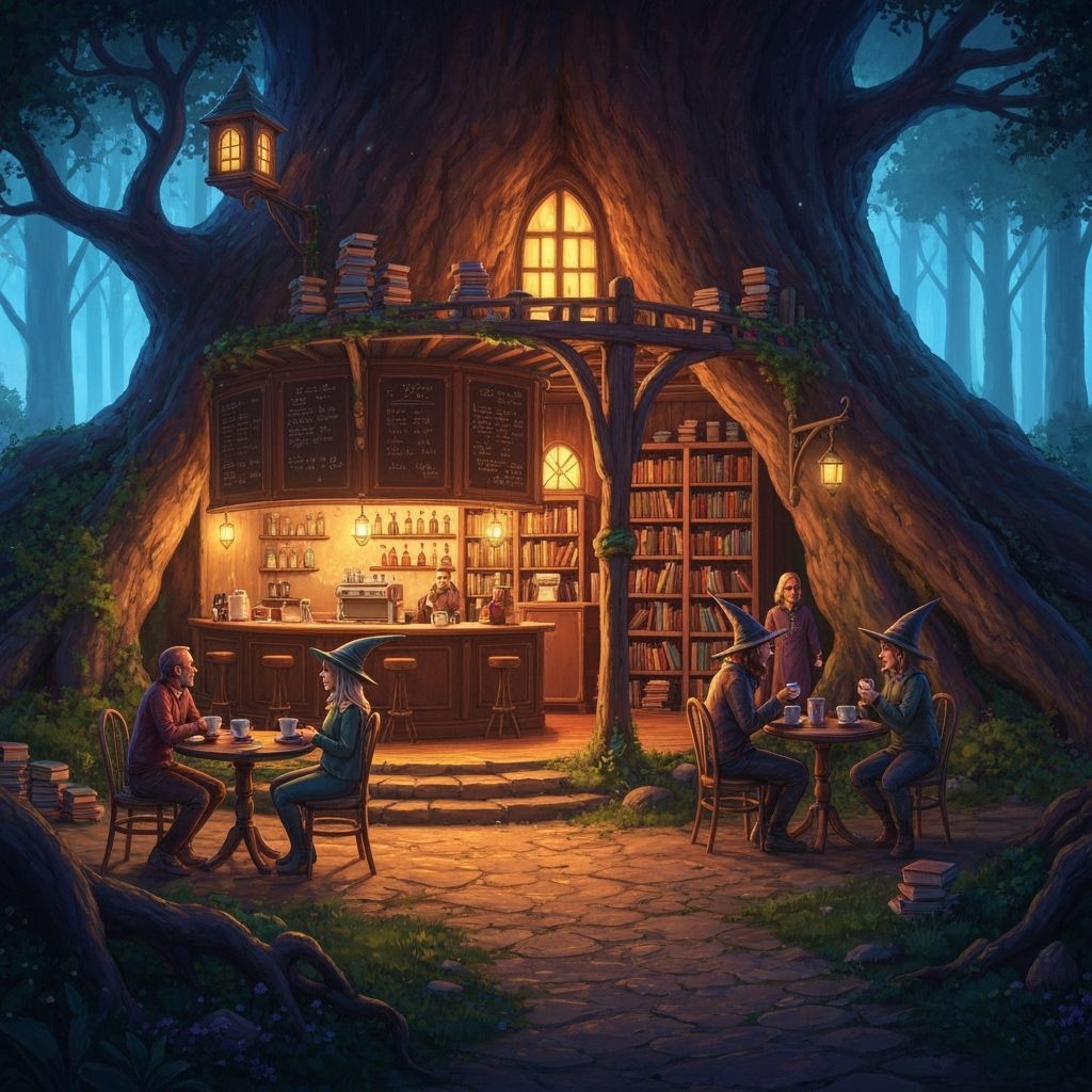 Magical Treehouse Coffeehouse & Bookstore at Dusk