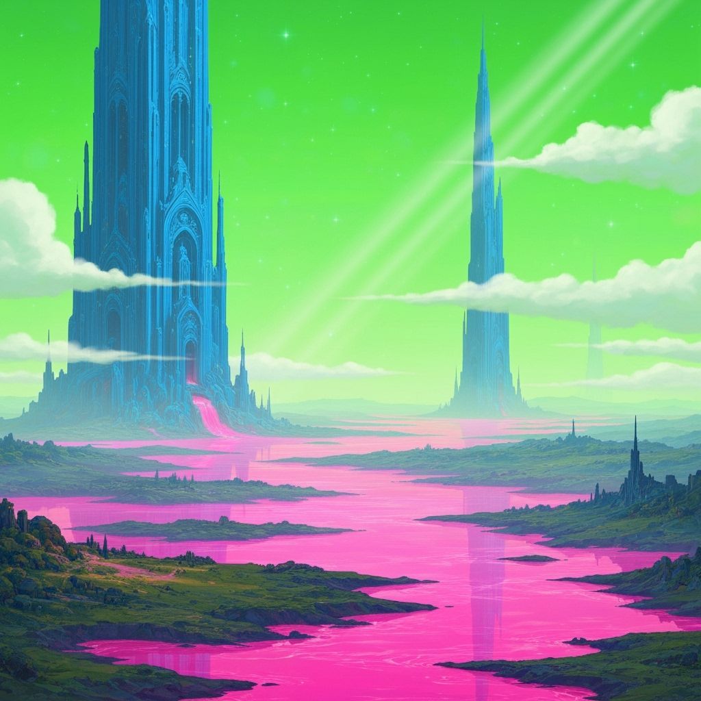 Magical Green Sky Landscape with Pink Waters and Blue Buildi...