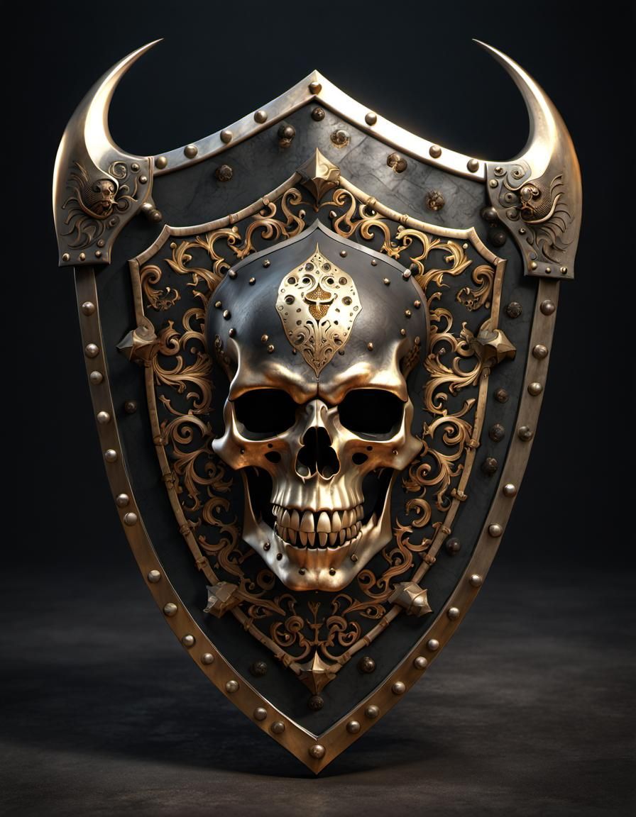 Floating Black and Gold Skull Shield in Grimdark Style