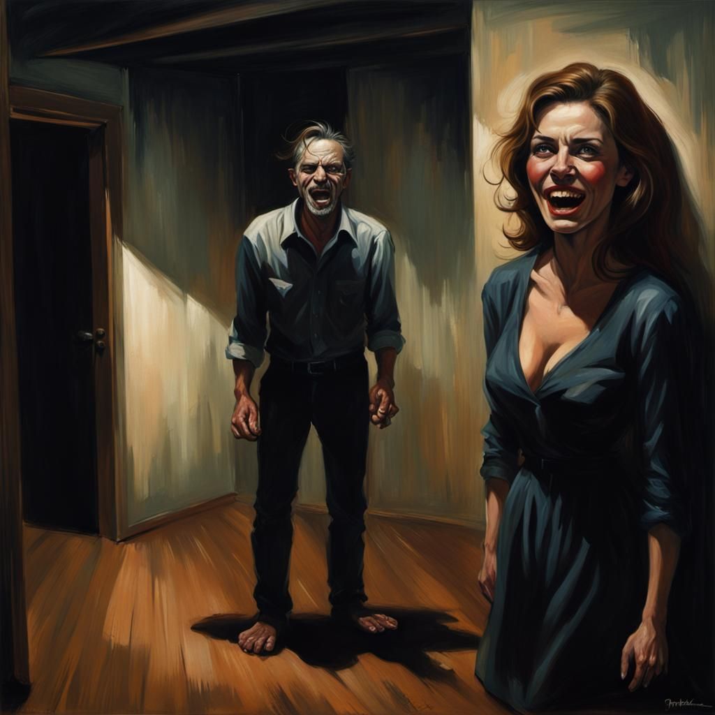 Terrified Man Unaware of Sinister Woman, Dark Fantasy