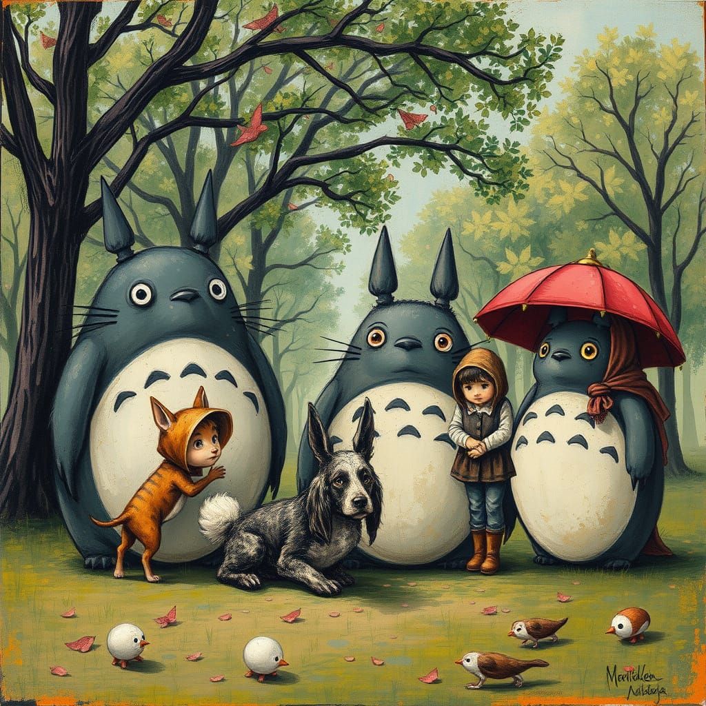 Enigmatic Surrealism: Totoro Family with Basset Hound in Par...