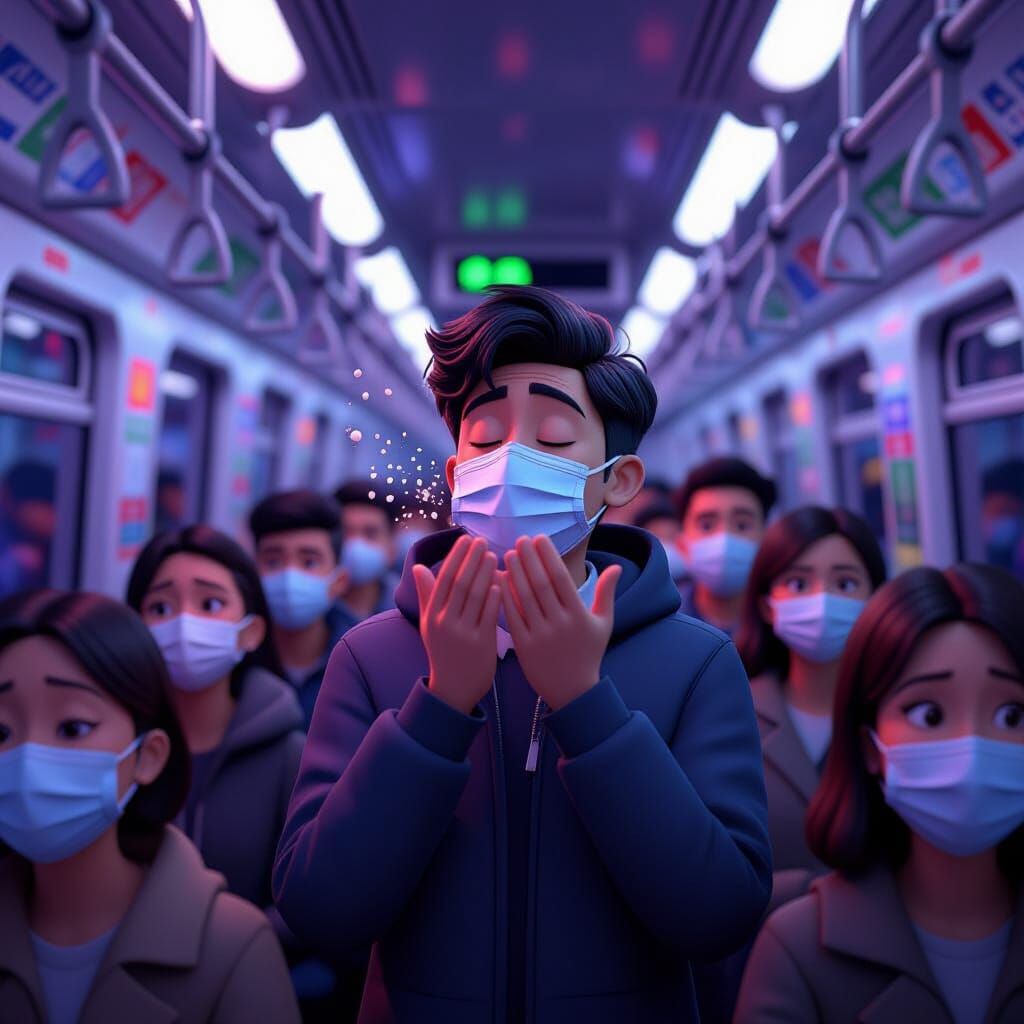 Pixar Style 3D Art of Coughing Passenger Spreading Germs