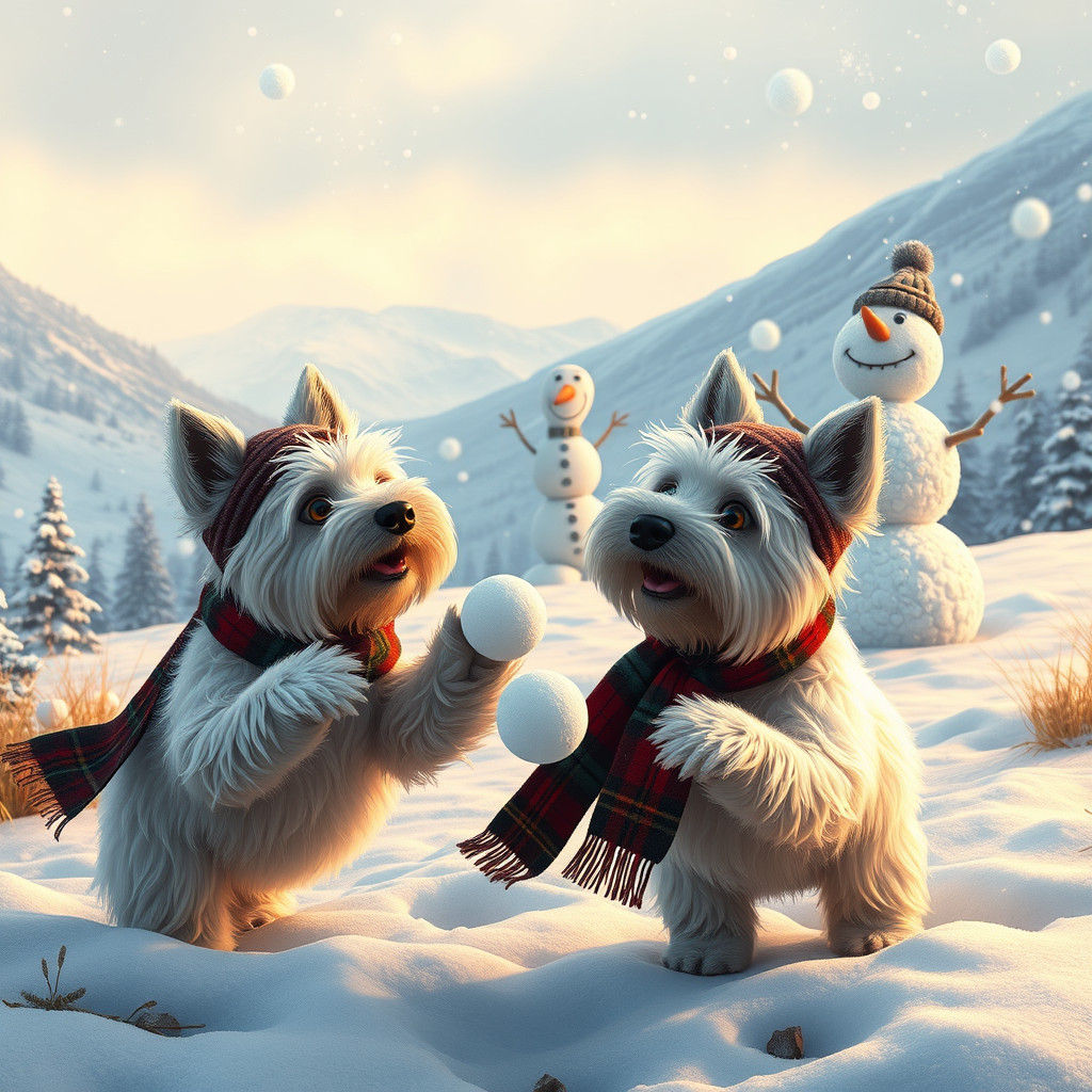 Scottish Glen Snowball Fight in Vibrant Winter Wonderland