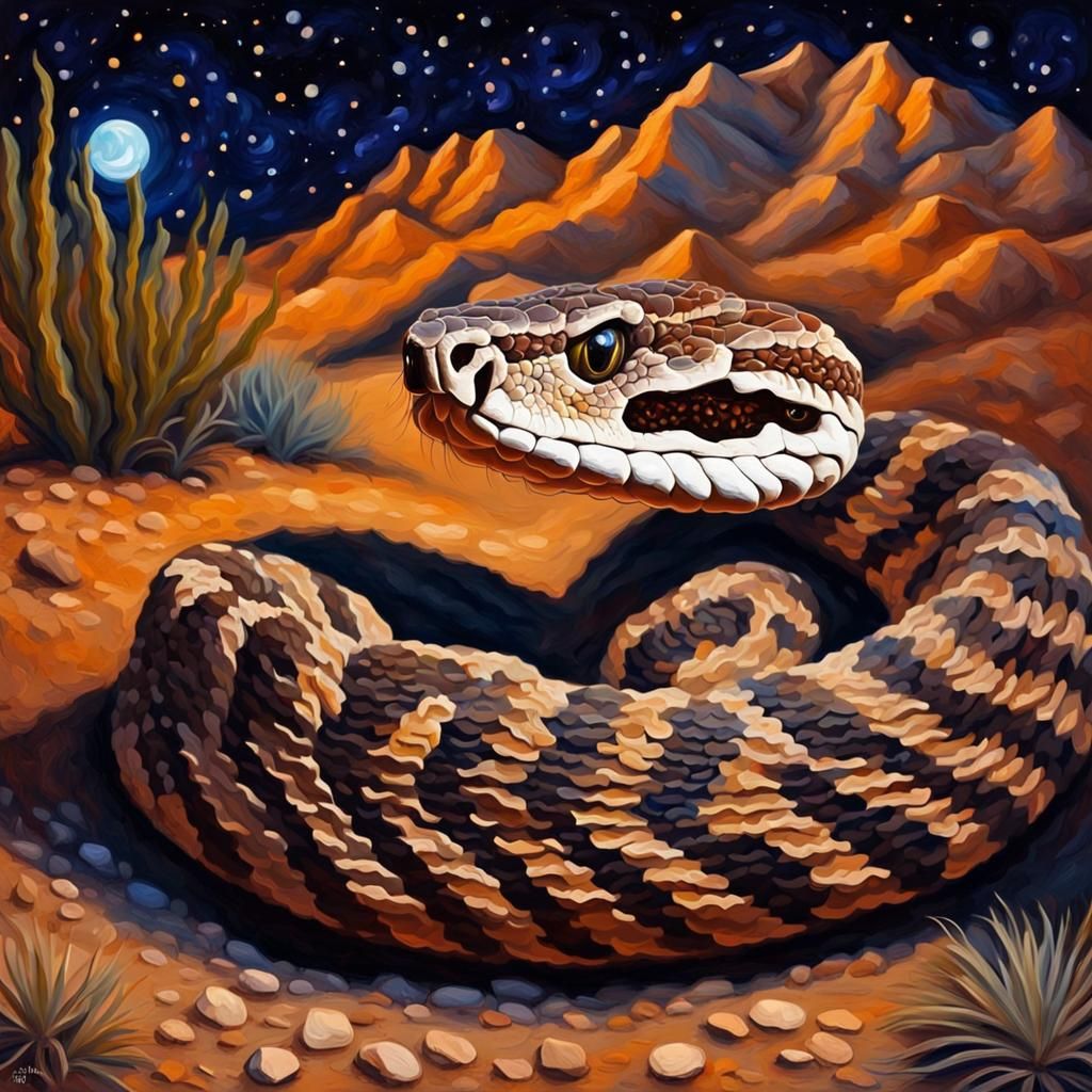 Rattlesnake Portrait Under Starry Sky as Impasto Painting