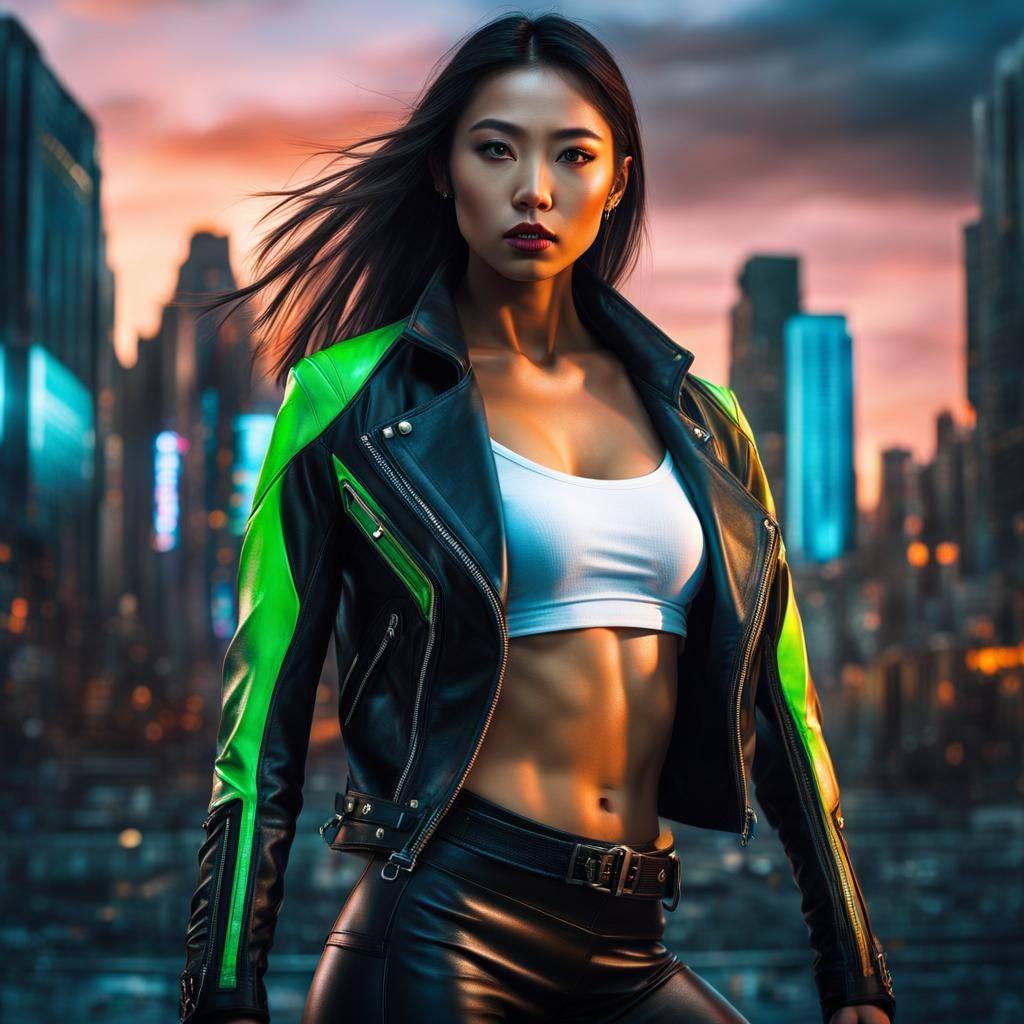 Athletic Cyberpunk Woman in Futuristic Cityscape