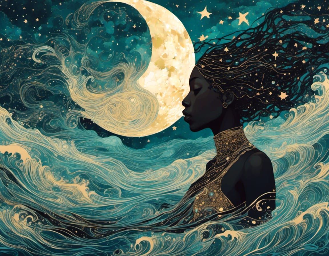 Black Girl Swimming in Starry Ocean: Digital Art