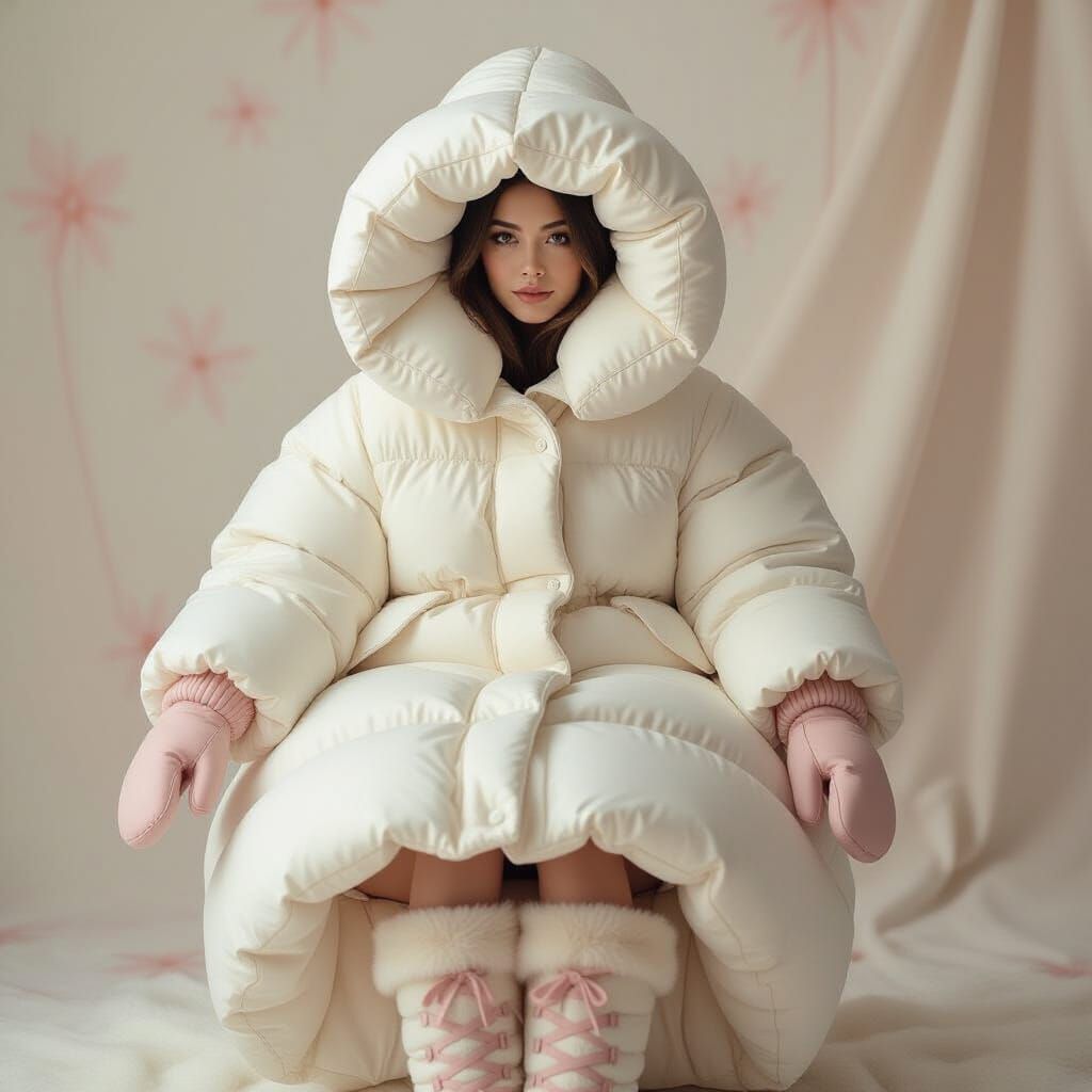 Woman in Oversized Puffy Suit, Whimsical Digital Art