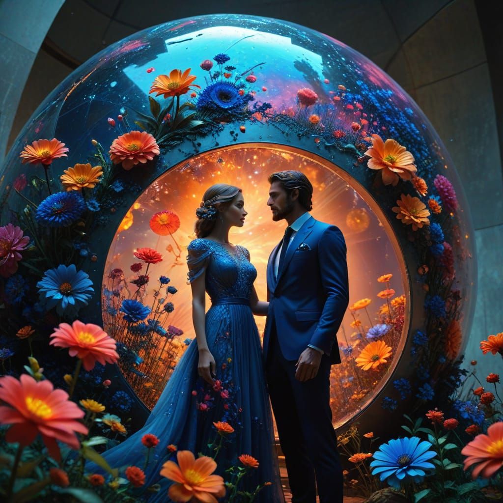 Surrealist Couple Admires Psychedelic Flowers on Jupiter