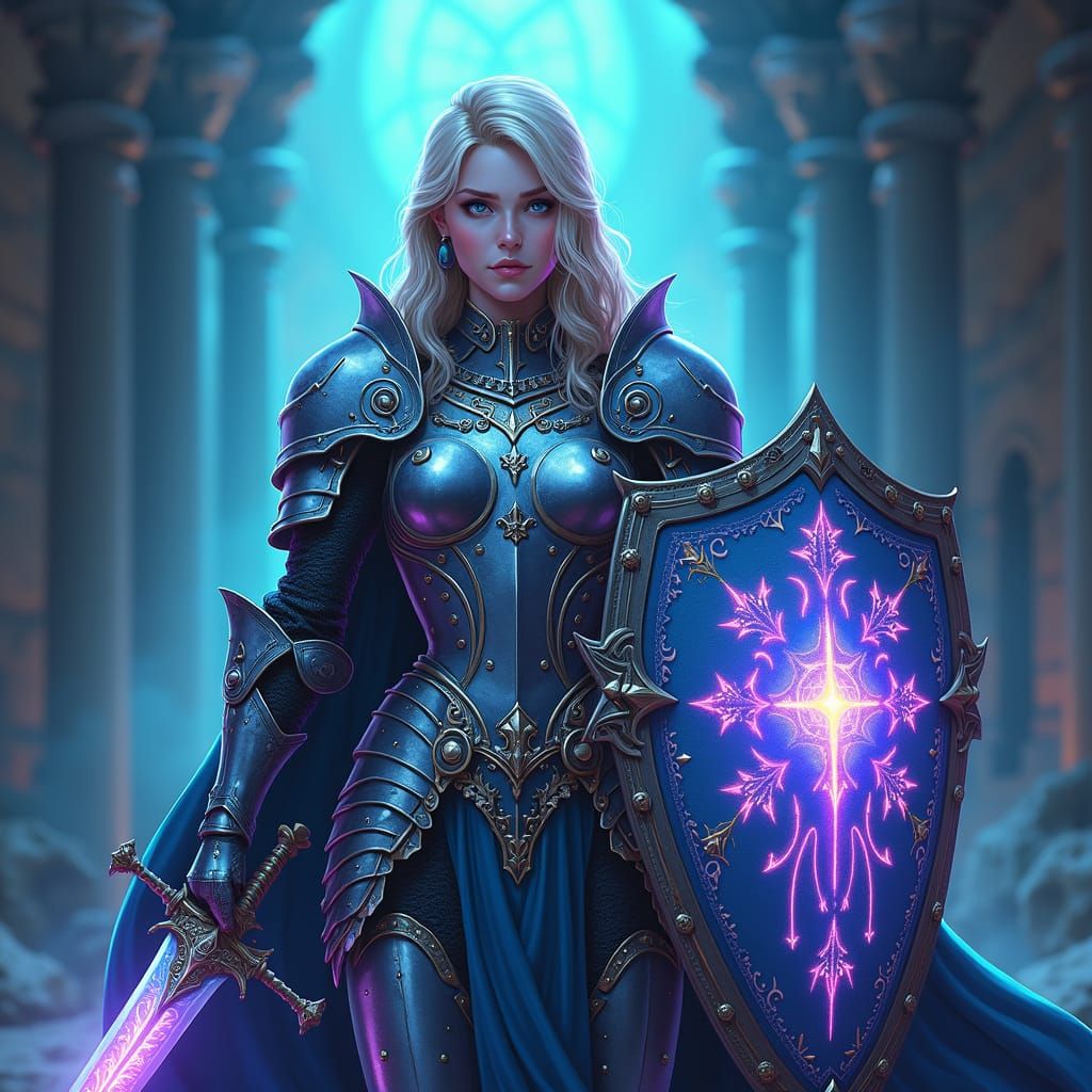 Brave Paladin with Bioluminescent Shield in Anime Style