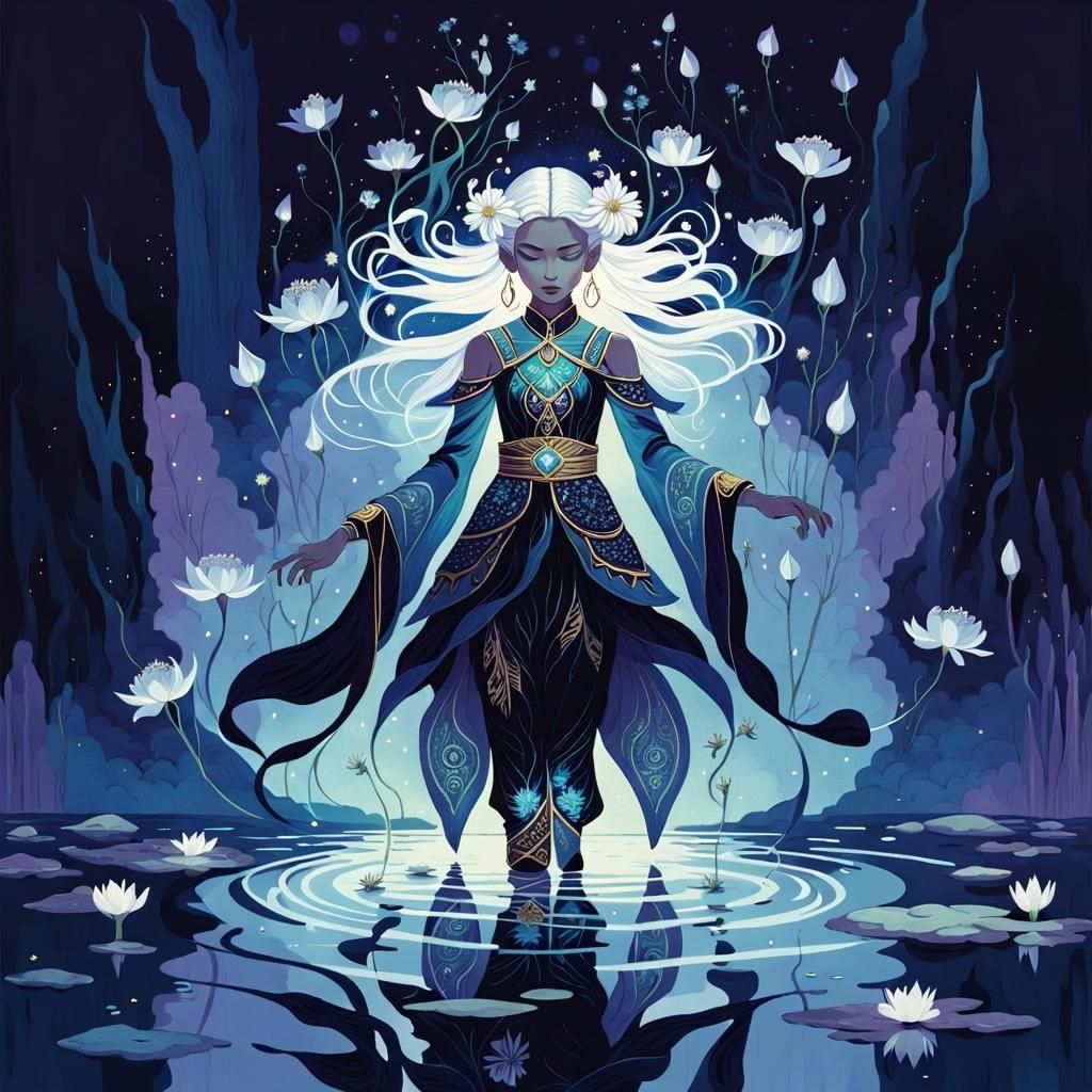 Maximalist Elf with Bioluminescent Flowers Walking on Water