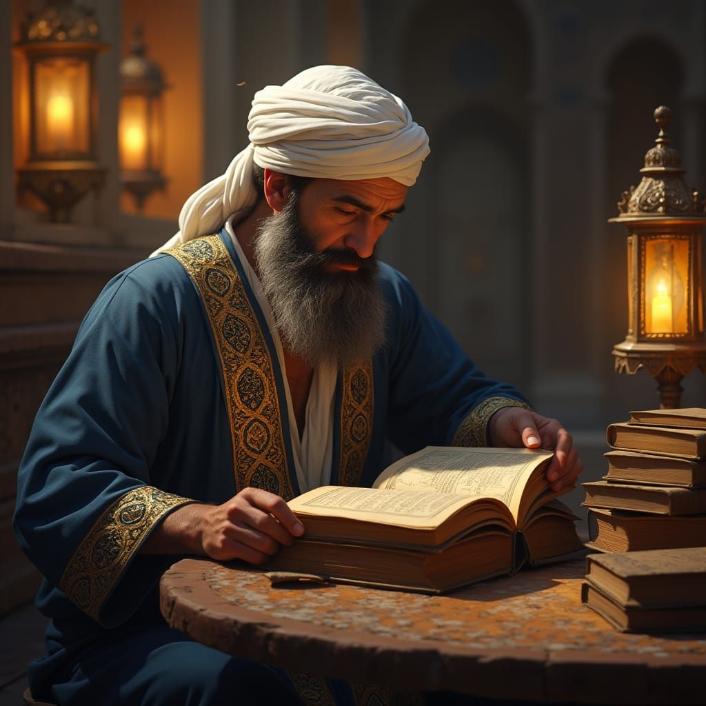 Ancient Scholar in Illuminated Madrasa