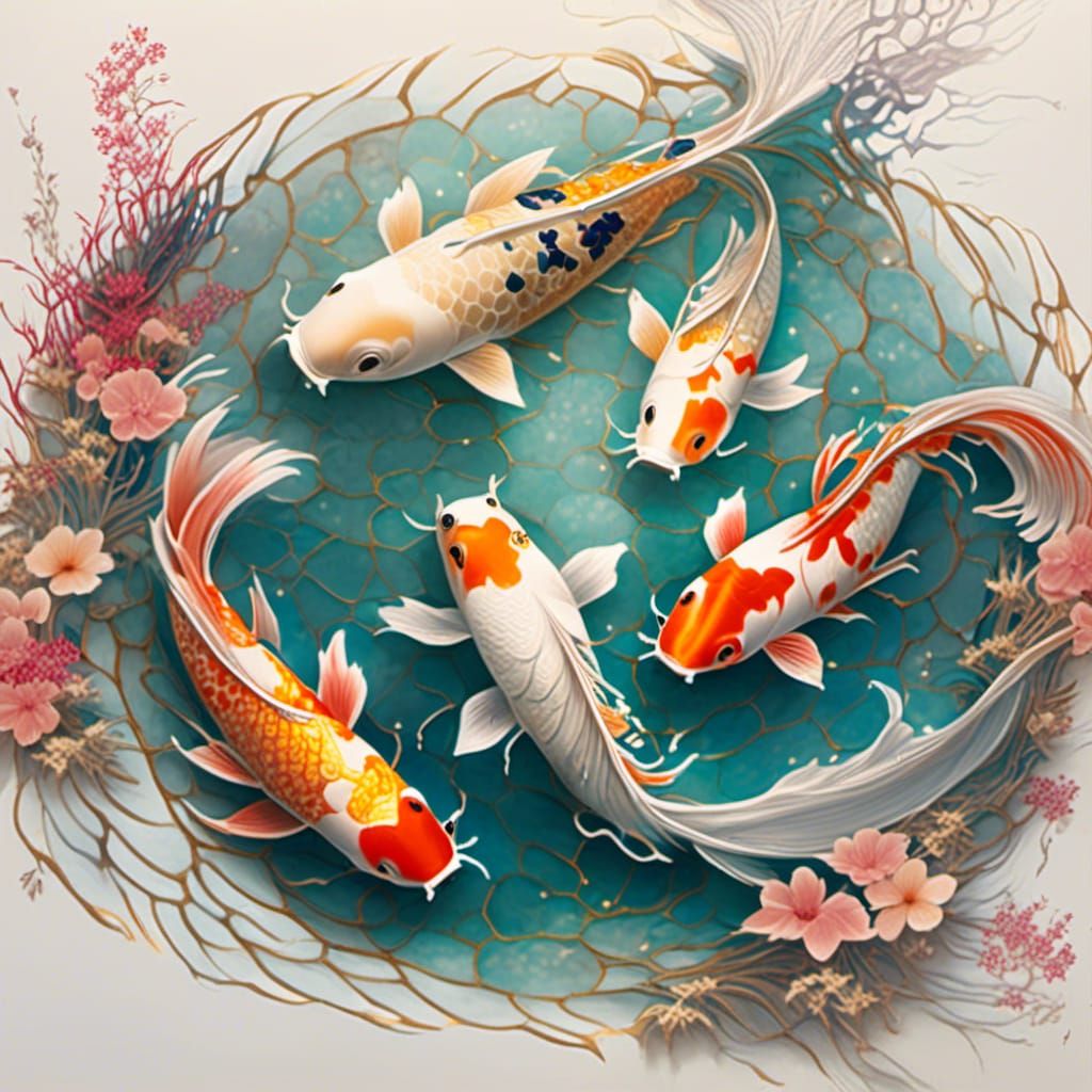 Luminescent Koi in Zen Garden, Digital Painting